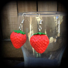 Load image into Gallery viewer, Strawberry earrings, Fruit earrings, Food jewelry, Vegan, Tunnel earrings, Novelty earrings, Plug earrings, Earrings for pierced ears