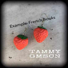 Load image into Gallery viewer, Strawberry earrings, Fruit earrings, Food jewelry, Vegan, Tunnel earrings, Novelty earrings, Plug earrings, Earrings for pierced ears