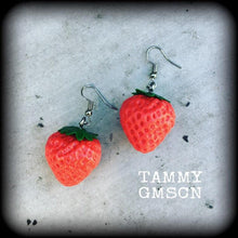 Load image into Gallery viewer, Strawberry earrings, Fruit earrings, Food jewelry, Vegan, Tunnel earrings, Novelty earrings, Plug earrings, Earrings for pierced ears