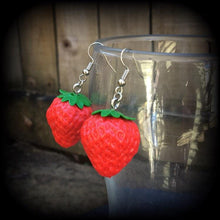 Load image into Gallery viewer, Strawberry earrings, Fruit earrings, Food jewelry, Vegan, Tunnel earrings, Novelty earrings, Plug earrings, Earrings for pierced ears