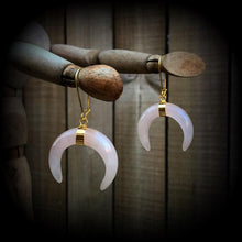 Load image into Gallery viewer, Rose Quartz ear hangers Gemstone Quartz Crystal Stone Tunnel ear weights Tunnel dangles Moon Dangle earrings Gauged earrings Plug earring 0g