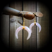 Load image into Gallery viewer, Rose Quartz ear hangers Gemstone Quartz Crystal Stone Tunnel ear weights Tunnel dangles Moon Dangle earrings Gauged earrings Plug earring 0g
