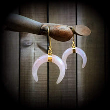 Load image into Gallery viewer, Rose Quartz earrings Gemstone Quartz Crystal Stone Tunnel earrings Tunnel dangles Crescent Moon Dangle earrings Gauged earrings Plug earring