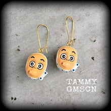 Load image into Gallery viewer, 8 gauge 3mm 6 gauge 4mm ear weights Hyottoko Ear hangers Okame Plug earrings Japanese Otafuku Plug dangles Tunnel earrings Hanging gauges 0g