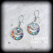 Load image into Gallery viewer, Chakra earrings Tree of Life earrings Gemstone earrings Ohm Plug earrings Pagan Tunnel earrings Wicca Esoteric Occult Yoga Tunnel dangles 2g