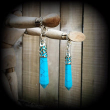 Load image into Gallery viewer, Turquoise earrings Gemstone Howlite Stone earring Blue Tunnel earrings Plug earrings Pierced ears Hanging Gauges Plug dangles 00g 0g 2g 4g