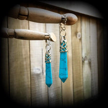 Load image into Gallery viewer, Turquoise earrings Gemstone Howlite Stone earring Blue Tunnel earrings Plug earrings Pierced ears Hanging Gauges Plug dangles 00g 0g 2g 4g