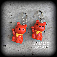 Load image into Gallery viewer, Cat ear weights 8 gauge 6 gauge tunnel dangles 4 gauge plug dangles 2 gauge tunnel earrings 0 gauge Maneki Neko ear hangers Gauged earrings