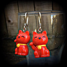 Load image into Gallery viewer, Cat ear weights 8 gauge 6 gauge tunnel dangles 4 gauge plug dangles 2 gauge tunnel earrings 0 gauge Maneki Neko ear hangers Gauged earrings