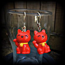 Load image into Gallery viewer, Cat ear weights 8 gauge 6 gauge tunnel dangles 4 gauge plug dangles 2 gauge tunnel earrings 0 gauge Maneki Neko ear hangers Gauged earrings