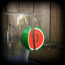 Load image into Gallery viewer, Watermelon earrings Vegan earrings Fruit earrings Kitsch earrings Retro earrings Food earrings Gifts for her Tunnel earrings Plug earrings