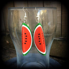 Load image into Gallery viewer, Watermelon earrings Vegan earrings Fruit earrings Kitsch earrings Retro earrings Food earrings Gifts for her Tunnel earrings Plug earrings