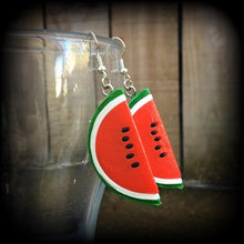 Load image into Gallery viewer, Watermelon earrings Vegan earrings Fruit earrings Kitsch earrings Retro earrings Food earrings Gifts for her Tunnel earrings Plug earrings