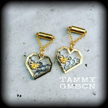 Load image into Gallery viewer, Bee hive ear weights Hexagon Ear hangers Insect Boho Sacred Geometry Geometric Tunnel dangles Plug earrings Gauged earrings 00g 0g 2g 4g 6g