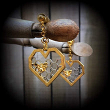 Load image into Gallery viewer, Bee hive ear weights Hexagon Ear hangers Insect Boho Sacred Geometry Geometric Tunnel dangles Plug earrings Gauged earrings 00g 0g 2g 4g 6g