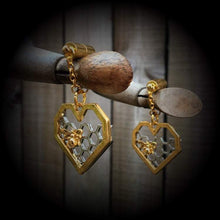 Load image into Gallery viewer, Bee hive ear weights Hexagon Ear hangers Insect Boho Sacred Geometry Geometric Tunnel dangles Plug earrings Gauged earrings 00g 0g 2g 4g 6g