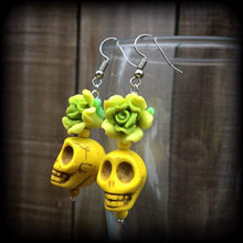 Load image into Gallery viewer, Los Muertos earrings Skull ear hangers Day of the Dead Plug earrings Rigor Mortis earrings Tunnel earrings Gauges Halloween Tunnel dangles