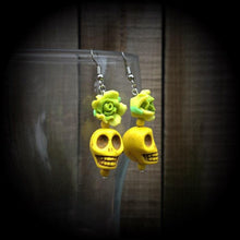 Load image into Gallery viewer, Los Muertos earrings Skull ear hangers Day of the Dead Plug earrings Rigor Mortis earrings Tunnel earrings Gauges Halloween Tunnel dangles