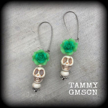 Load image into Gallery viewer, Rose earrings, Skull earrings, Day of the Dead jewelry, Vodoo earrings, Santeria jewelry, Voodou, Los Muertos, Plug dangles, Tunnel dangles