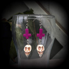 Load image into Gallery viewer, Day of the Dead earrings Skull ear hangers Inverted cross earrings Tunnel earrings Halloween Pierced ears Los Muertos Hanging gauges Plugs