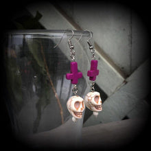 Load image into Gallery viewer, Day of the Dead earrings Skull ear hangers Inverted cross earrings Tunnel earrings Halloween Pierced ears Los Muertos Hanging gauges Plugs