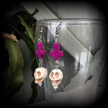 Load image into Gallery viewer, Day of the Dead earrings Skull ear hangers Inverted cross earrings Tunnel earrings Halloween Pierced ears Los Muertos Hanging gauges Plugs