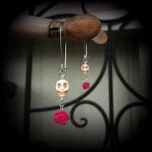 Load image into Gallery viewer, Rockabilly earrings Halloween earrings Day of the Dead Pink Rosa earrings Skull Voodoo Los Muertos Kidney hook Pierced ears Plug earrings 0g