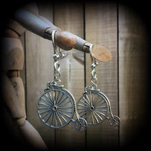 Load image into Gallery viewer, Retro ear hangers Ear weights Tunnel dangles Tunnel earrings Plug earrings Kitsch Boho Penny Farthing Bicycle Vintage Steampunk 00g 0g 2g 4g