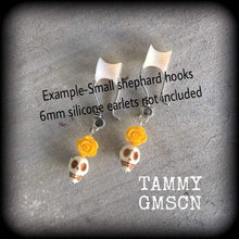 Load image into Gallery viewer, Rockabilly earrings Halloween earrings Day of the Dead Skull Rose earrings Santeria Voodoo Los Muertos Kidney hook French hooks Pierced ears