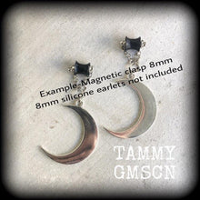 Load image into Gallery viewer, Crescent Moon plug dangles 6mm ear hangers Silver moon plug earrings Tunnel dangles Gauged earrings Hanging gauges Moon ear weights 2 gauge