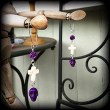 Load image into Gallery viewer, Day of the Dead earrings Skull earrings Rose earrings Tunnel earrings Inverted Cross earrings Halloween jewelry Los Muertos jewelry Sangria