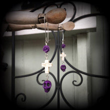 Load image into Gallery viewer, Day of the Dead earrings Skull earrings Rose earrings Tunnel earrings Inverted Cross earrings Halloween jewelry Los Muertos jewelry Sangria