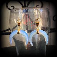 Load image into Gallery viewer, Opalite earrings Gemstone Quartz Crystal Stone Moonstone earrings Crescent moon earrings Moon earrings Dangle earrings Gauged earrings 2g