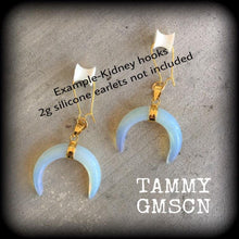 Load image into Gallery viewer, Opalite earrings Gemstone Quartz Crystal Stone Moonstone earrings Crescent moon earrings Moon earrings Dangle earrings Gauged earrings 2g