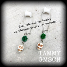 Load image into Gallery viewer, Cinco de Mayo earrings Halloween earrings Day of the Dead Rose earrings Skull Voodoo Los Muertos Kidney hook Pierced ears Plug earrings 0g
