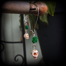 Load image into Gallery viewer, Cinco de Mayo earrings Halloween earrings Day of the Dead Rose earrings Skull Voodoo Los Muertos Kidney hook Pierced ears Plug earrings 0g