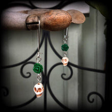 Load image into Gallery viewer, Cinco de Mayo earrings Halloween earrings Day of the Dead Rose earrings Skull Voodoo Los Muertos Kidney hook Pierced ears Plug earrings 0g