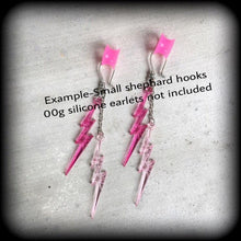 Load image into Gallery viewer, Lightning Bolt earrings Pink Retro Kitsch earrings Bowie earrings Tunnel dangles Plug earrings Pierced ears Stretched ears Gauges Plugs 0g