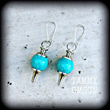 Load image into Gallery viewer, 3mm gemstone ear weights 0 gauge turquoise ear hangers 8mm plug dangles 6mm plug earrings 4mm tunnel dangles Gauged earrings Tunnel earrings