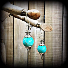 Load image into Gallery viewer, 3mm gemstone ear weights 0 gauge turquoise ear hangers 8mm plug dangles 6mm plug earrings 4mm tunnel dangles Gauged earrings Tunnel earrings