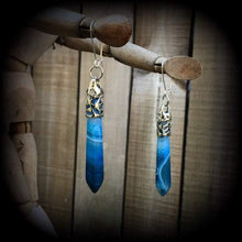 Load image into Gallery viewer, Blue agate earrings Gemstone earrings Plug earrings Crystal earrings Dangle earrings Ear hangers Gauged earrings Tunnel earrings Kidney hook