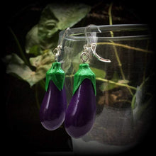 Load image into Gallery viewer, Emoji earrings Eggplant Vegetable Food Novelty Vegan Dangle Plug earrings Tunnel earrings Tunnel dangles Hanging gauges 00g 0g 2g 4g 6g 8g