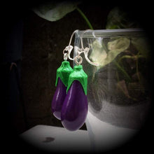 Load image into Gallery viewer, Emoji earrings Eggplant Vegetable Food Novelty Vegan Dangle Plug earrings Tunnel earrings Tunnel dangles Hanging gauges 00g 0g 2g 4g 6g 8g