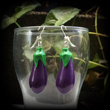 Load image into Gallery viewer, Emoji earrings Eggplant Vegetable Food Novelty Vegan Dangle Plug earrings Tunnel earrings Tunnel dangles Hanging gauges 00g 0g 2g 4g 6g 8g