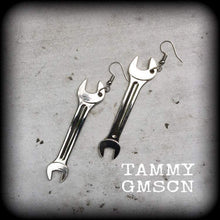 Load image into Gallery viewer, Weapon earrings Spanner earrings Mechanic earrings Tool earrings Tomboy jewelry 2 gauge tunnel earrings 8 gauge plug dangles 8mm ear hangers