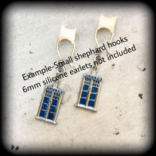 Load image into Gallery viewer, Dr Who earrings Tardis earrings Phone box earrings Tom Baker Science Fiction jewelry Geek earrings Tunnel earrings Plug earrings Pierced ear