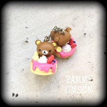 Load image into Gallery viewer, Rilakkuma earrings Kawaii Earrings Kitsch earrings Bear earrings Hello Kitty earrings Kawaii Japanese earrings Cute earrings Plug earrings