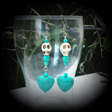 Load image into Gallery viewer, Skull earrings Day of the Dead earrings Los Muertos Heart earrings Frost Bite Halloween Ear hangers Tunnel dangles Plug earrings French hook