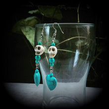 Load image into Gallery viewer, Skull earrings Day of the Dead earrings Los Muertos Heart earrings Frost Bite Halloween Ear hangers Tunnel dangles Plug earrings French hook