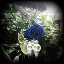 Load image into Gallery viewer, Skull earrings Ear weights Ear hangers Day of the Dead earrings Los Muertos earrings Frost Bite 4g 2 gauge tunnel earrings 6mm plug dangles